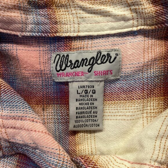 Wrangler Plaid Wrancher Shirt Medium Pink Red Long Sleeve Size L,Pocket,Cotton - Picture 7 of 10